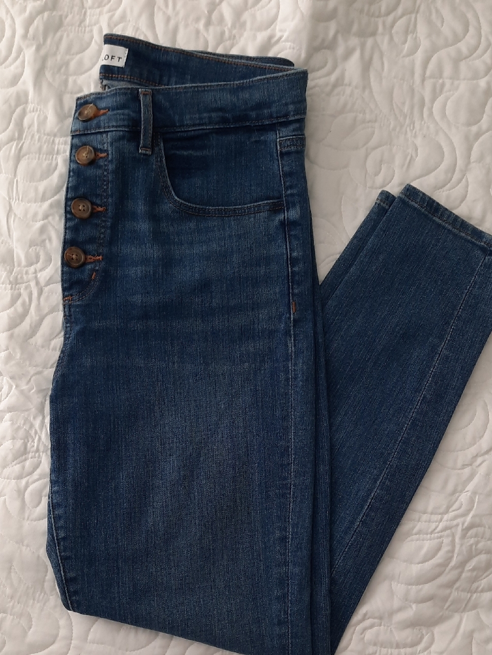 LOFT High-Rise Button-Fly Skinny Jeans in Dark Blue
